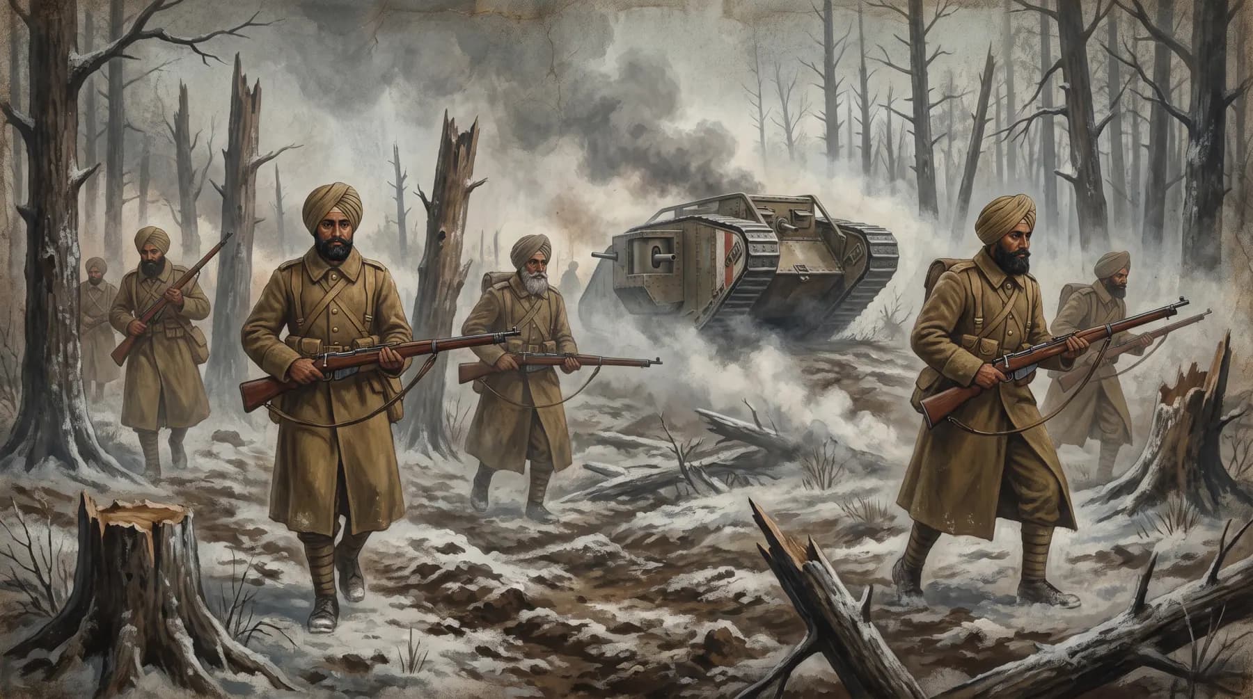 Painted reconstruction: dismounted Indian cavalrymen in turbans and khaki greatcoats advance on foot through a shattered winter wood, a tank dimly visible ahead through smoke.