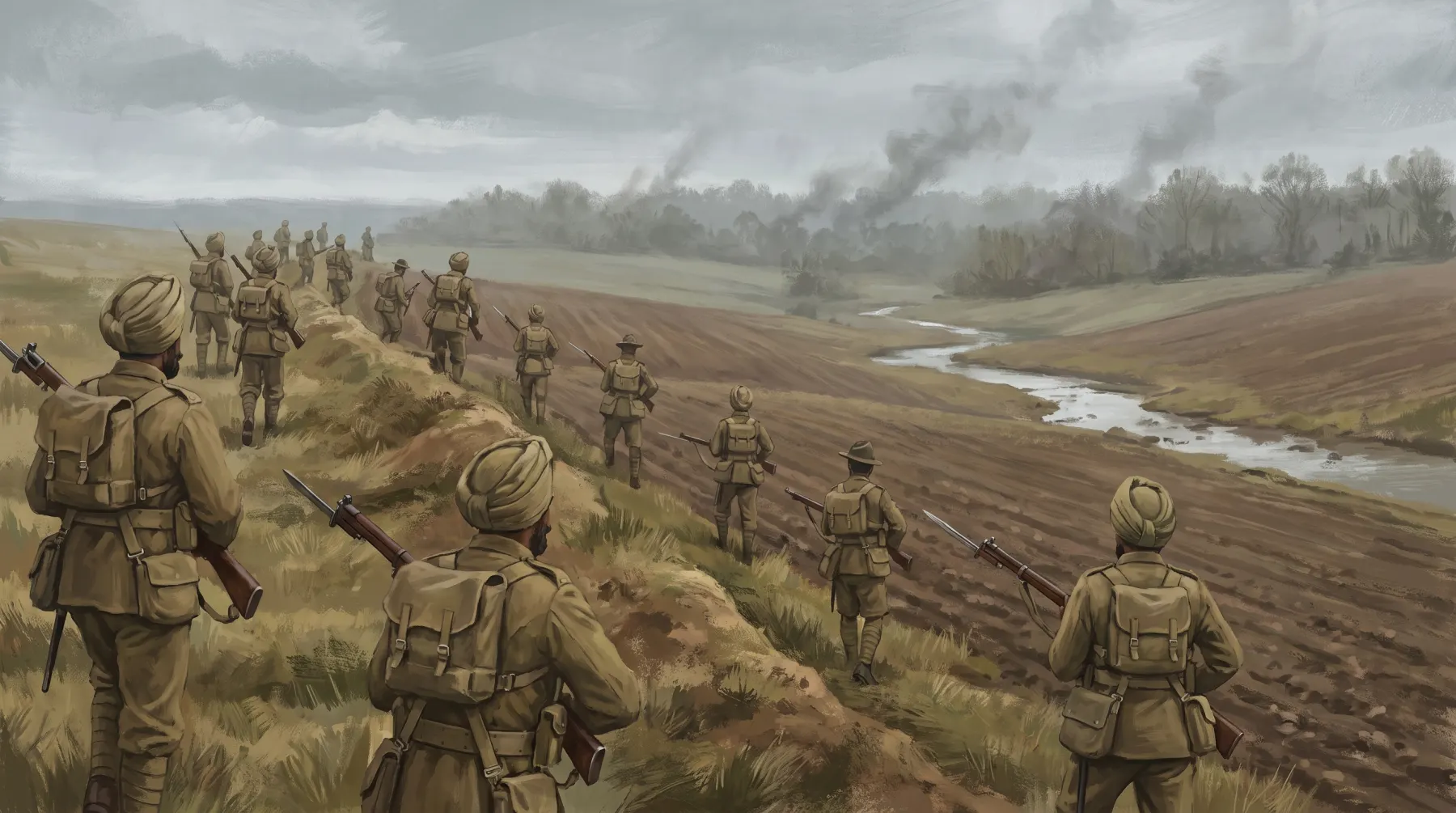 Painted reconstruction of Indian Lahore Division soldiers in turbans and khaki cresting a low ridge and descending an exposed open slope toward a distant tree line under an overcast sky.