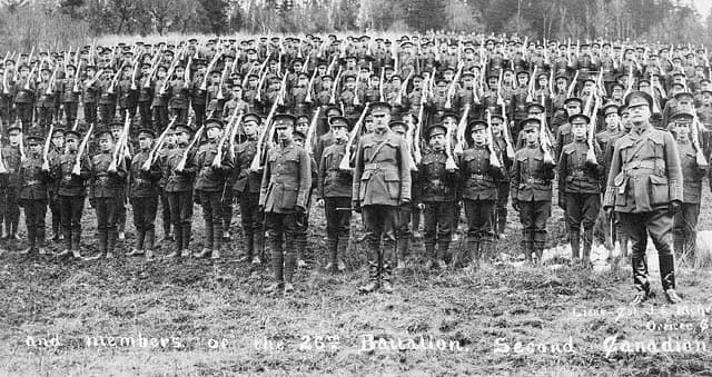 Archival photograph of officers and members of a Canadian Expeditionary Force battalion in 1915.
