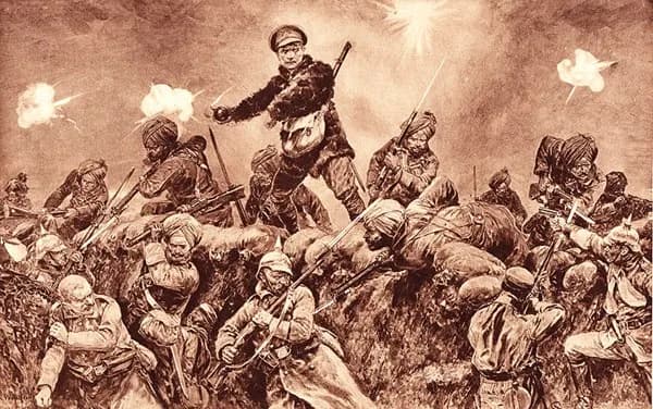 Period illustration of Indian troops charging German positions at Neuve Chapelle in 1915.