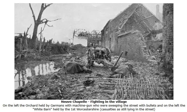 Archival photograph associated with the Worcestershire Regiment at Neuve Chapelle, 1915.
