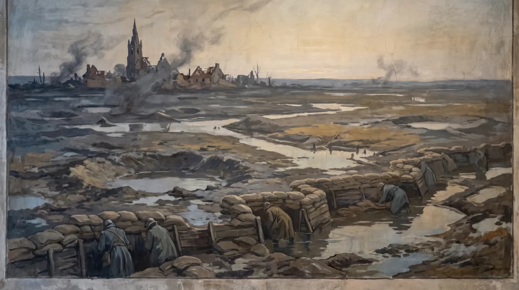 Painted reconstruction of flat waterlogged Flanders farmland at cold dawn, flooded shell holes reflecting a pale sky, with the ruined rooftops of Neuve Chapelle village low on the smoke-covered horizon.