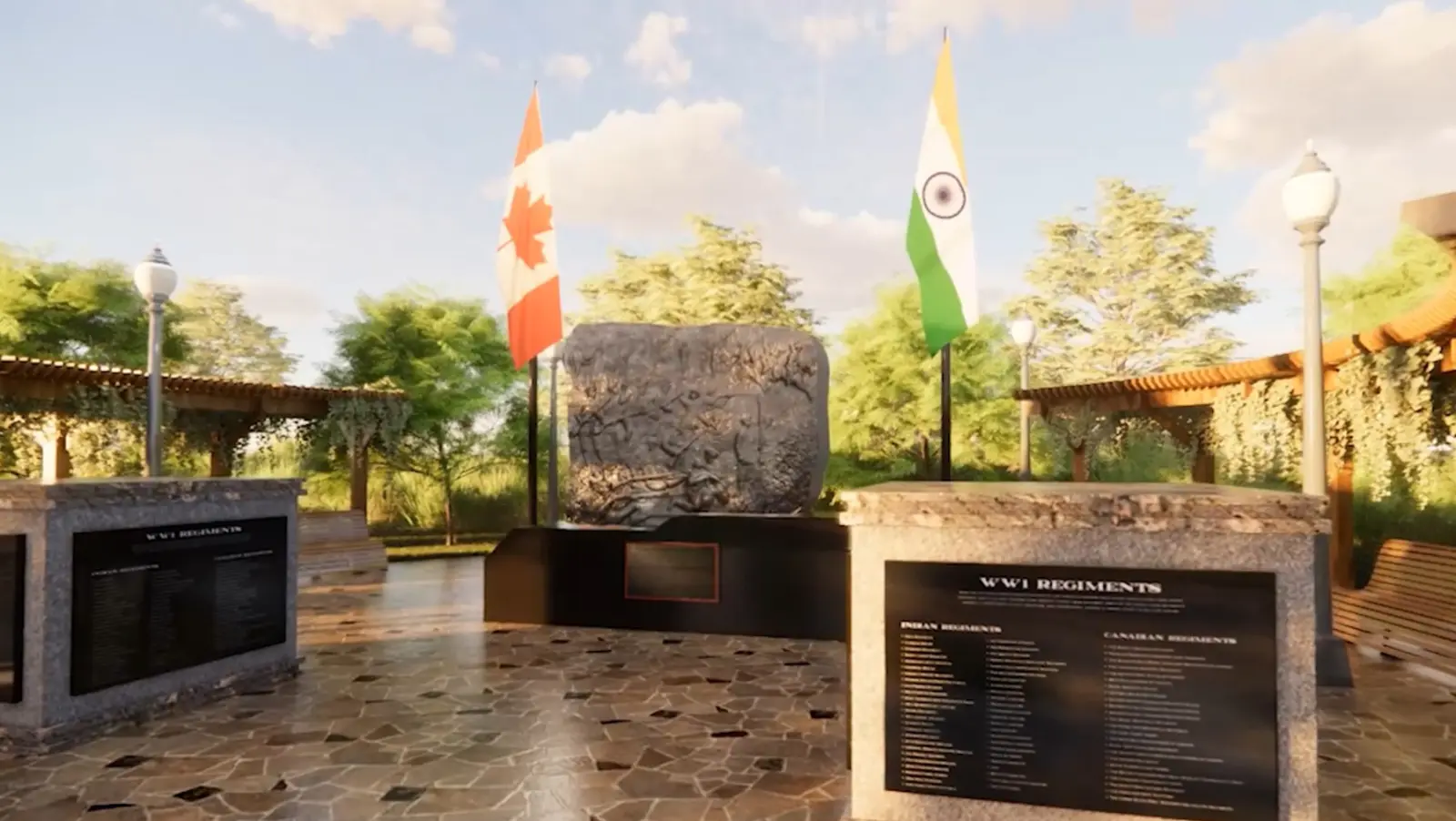 Architectural rendering of the memorial plaza with the engraved granite monument at its centre.